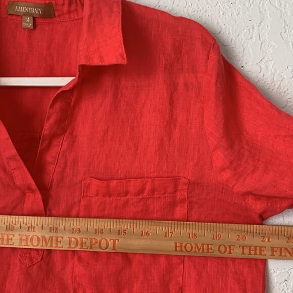 Ellen Tracy Linen Red 1/2 Sleeve Roll Tab Notched Collar Pocket Shirt Size M - Picture 2 of 7